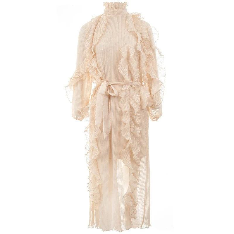 Женское вечернее платье с вуалью YOSIMI бежевое длинное до щиколотки длинным