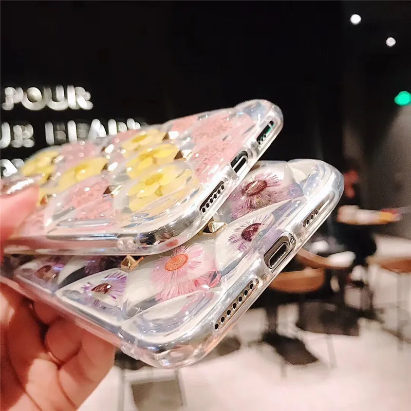 Luxury Lattice Transparent 3D Rivets Cute Real Dried Flowers Soft Silicone Phone Case for iPhone X XR XS MAX 7 8 6 6S Plus Cover |
