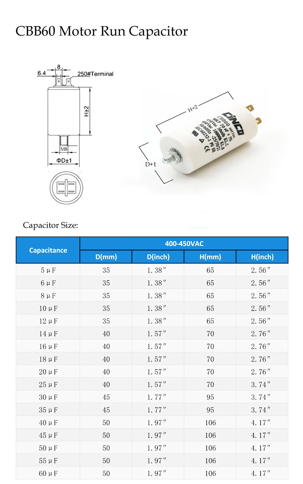CBB60 моторные конденсаторы 6 мкФ 400 450 V 4 контакта SH DB полипропиленовая Пленка Ac 450VAC водяной насос электрический двигатель mfd mf VAC вольт
