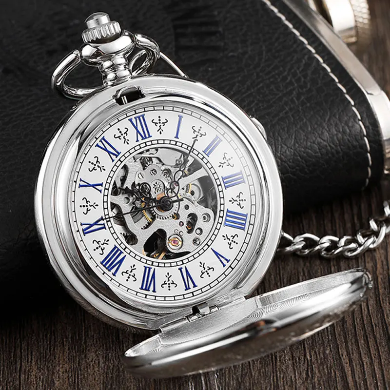 

Vintage Silver Delicate Engraved Case Mechanical Pocket Watch Steampunk Hand-Wind Neacklace With Chain Skeleton For Men Women