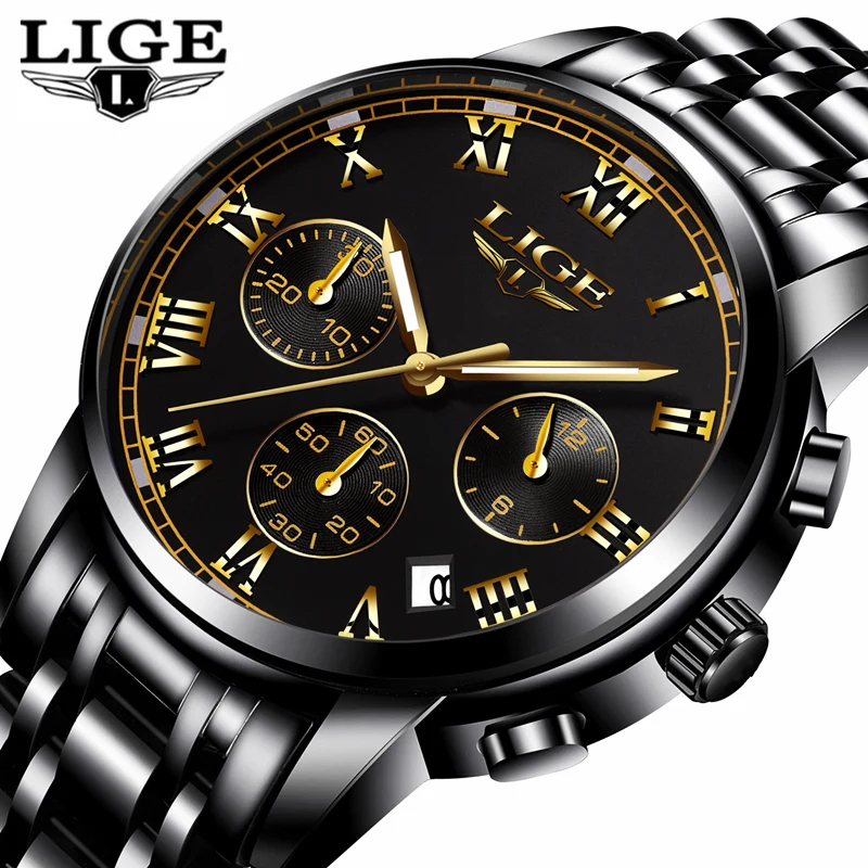 LIGE черные золотые часы мужские роскошные брендовые Модные Бизнес Кварцевые