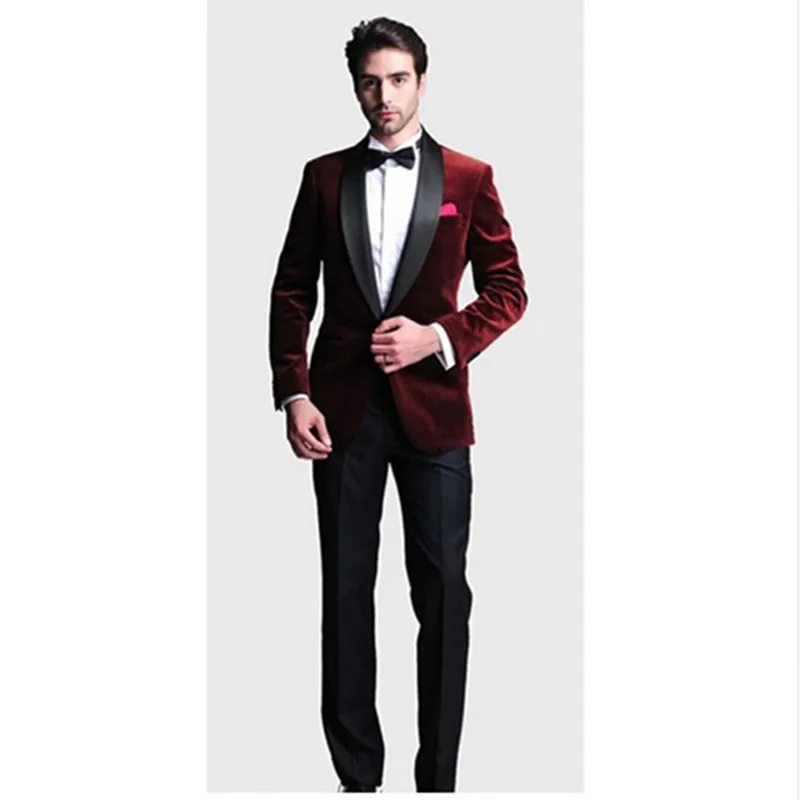 Fashion One Button men suit Dark Red Velvet Groom Tuxedos Groomsmen Men's Wedding Prom Suits Bridegroom(Jacket+Pants+Bow Tie)