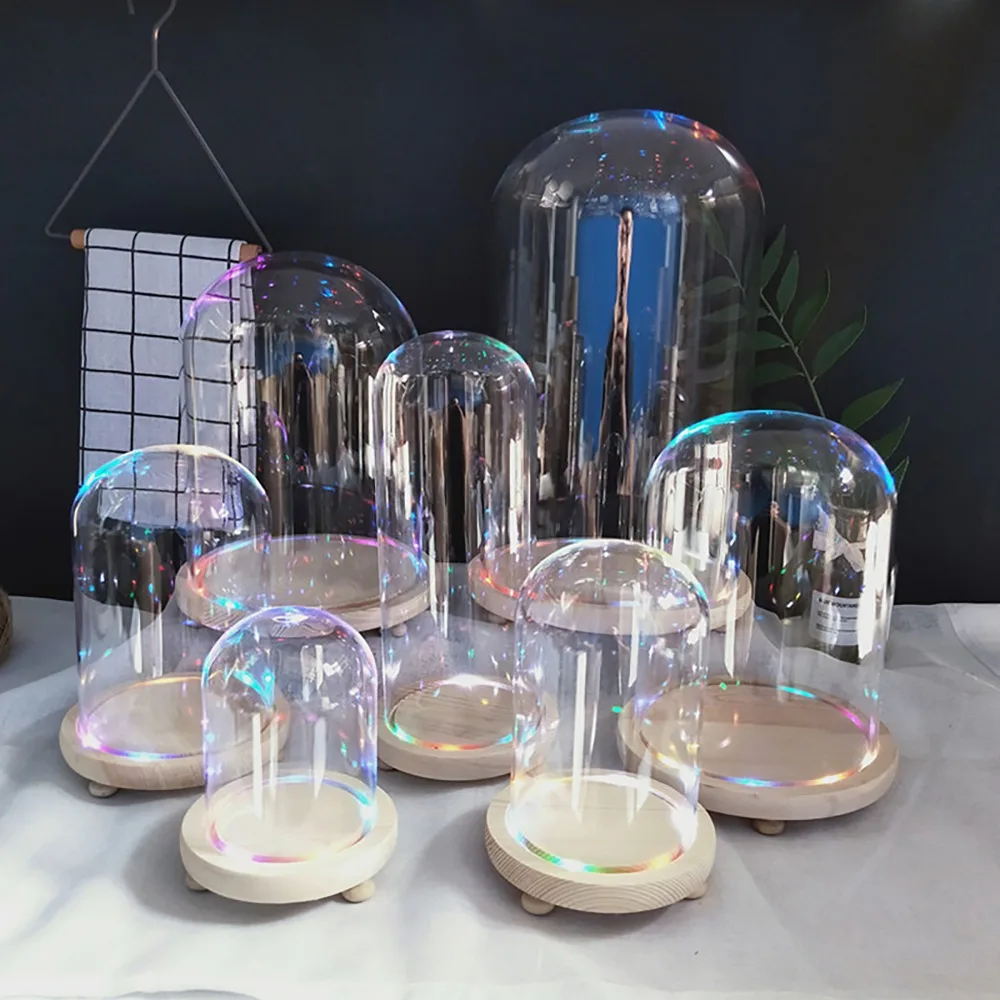 Tabletop Display Glass Dome Cloche Cover Decor Dry Flower Ornaments Handmade Craft Bell Jar with Wood Color Base, Feet, and LED Light image 3