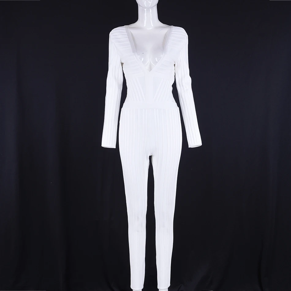 Seamyla New Fashion Women Jumpsuit 2019 Long Sleeve White V Neck Backless Clubwear Sexy Bodycon Bandage Playsuit Jumpsuits | Женская