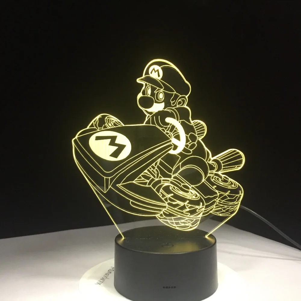 Трехмерная Светодиодная лампа Марио с четырьмя колесами акриловый светодиодный