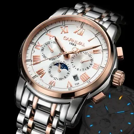Rose gold White Карнавал T25 Тритий Светящиеся механические часы мужские часы люксовый бренд Календарь автоматические наручные часы мужские Relojes Hombre - Цвет: Rose gold White