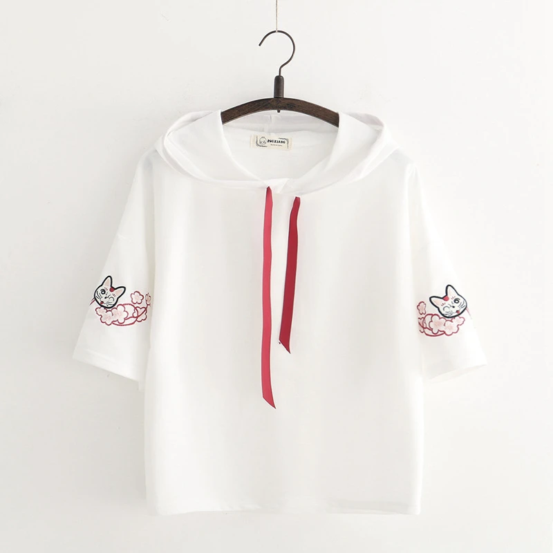 MERRY PRETTY женские футболки с капюшоном Harajuku мультфильм Вышивка Топы футболки для Femme короткий рукав Kawaii Drawstring хлопковая футболка