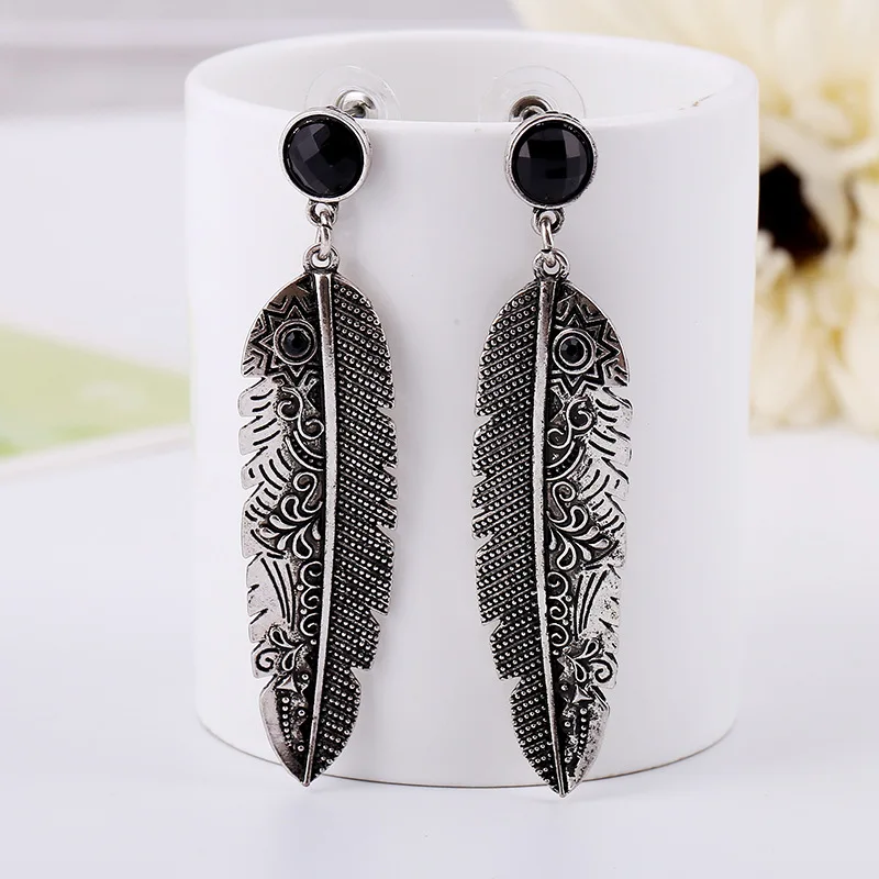 

Vintage Black Earrings Long Leaf Drop Chandelier Ethnic Feather Earrings Accessories Women Gypsy Boho Tibetan Jewelry