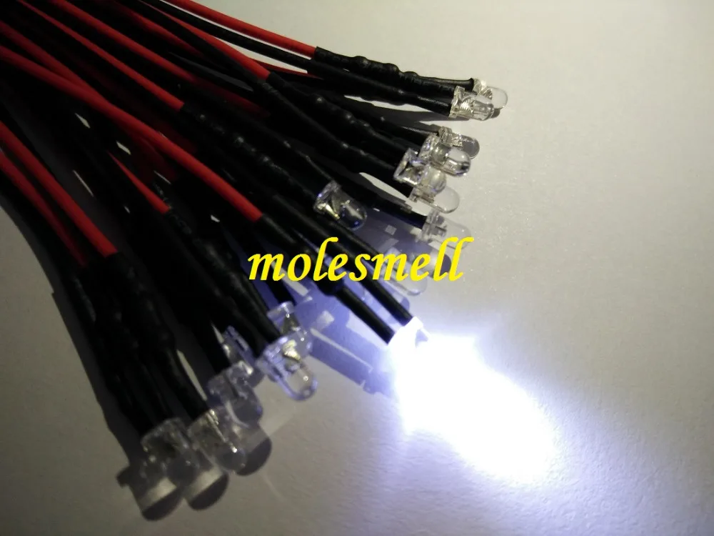 1000pcs 3mm 5v water clear White round LED Lamp Light Set Pre-Wired 3mm 5V DC Wired