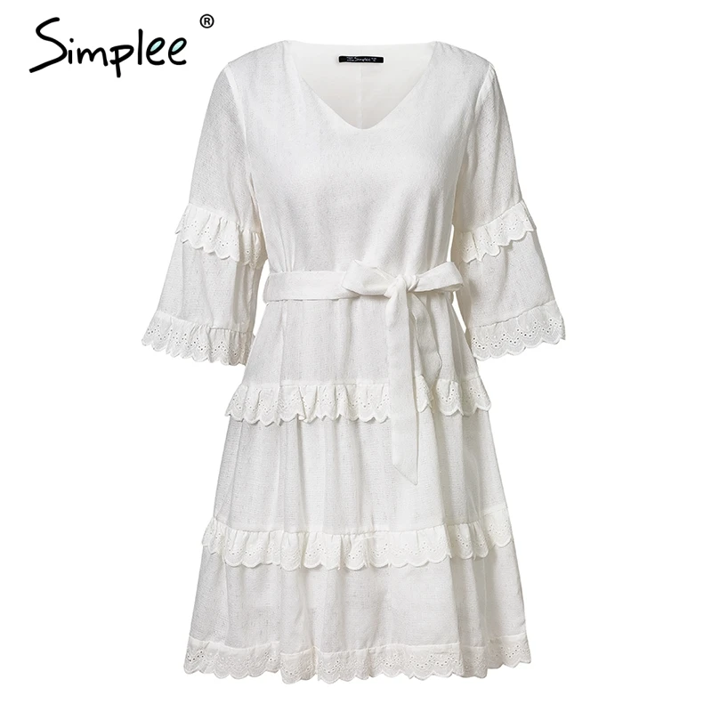Simplee Elegant embroidery white women dress Flare sleeve ruffle sashes summer dresses Casual v-neck sexy dress female vestidos - Color: White