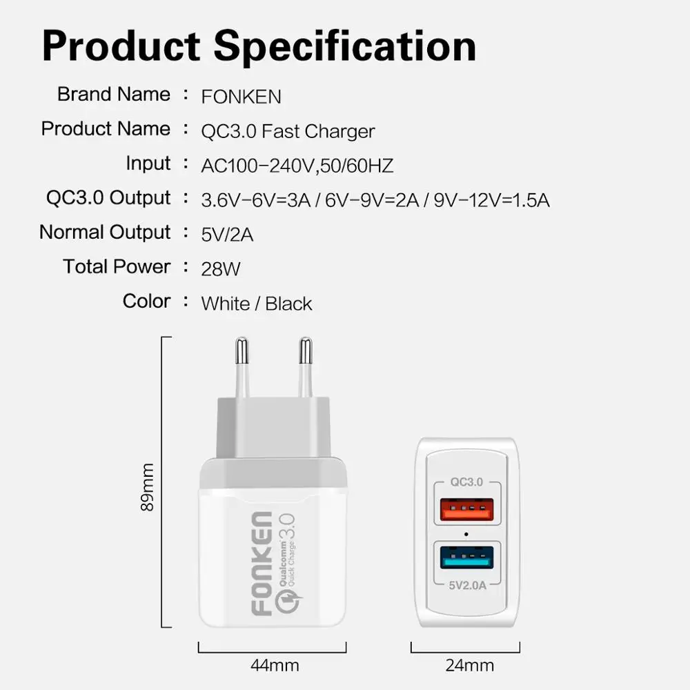 FONKEN Dual USB зарядное устройство Quick Charge 3,0 зарядное устройство для телефона 28 Вт 2 порта QC3.0 портативный дорожный настенный адаптер для мобильного планшета Android