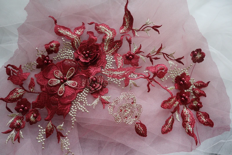 Красное вино 3D Кружева Цветы для аппликации кружева вышитые кружевные нашивки