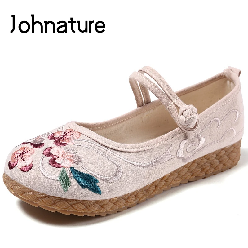 

Женские туфли на плоской подошве Johnature, хлопковые повседневные туфли с круглым носком, с цветочным принтом, пряжкой и ремешком, на весну-осен...