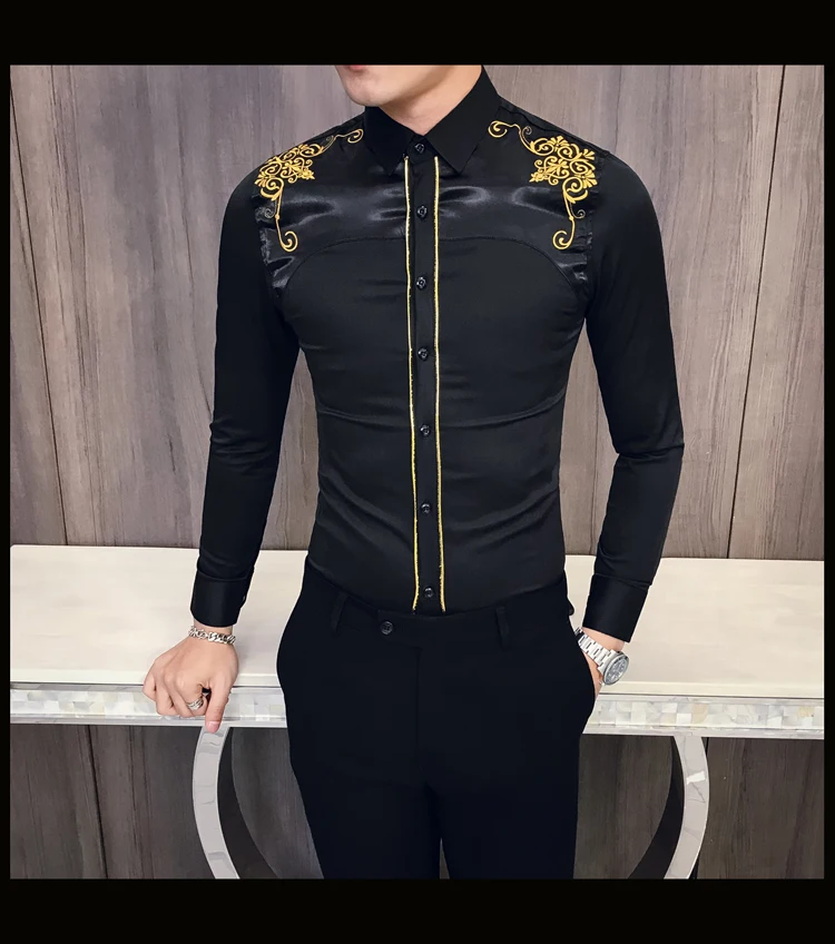 Chemise homme manche longue Весна новая рубашка мужская приталенная винтажная вышивка повседневные мужские рубашки ночной клуб Выпускной смокинг 3xl