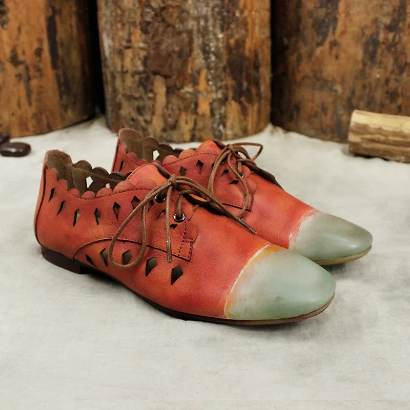 Johnature 2019 New Spring/autumn Brogue Shoes Genuine Leather Retro Mixed Colors Hollo Round Toe Lace-up Cross-tied Womens Flat | Обувь