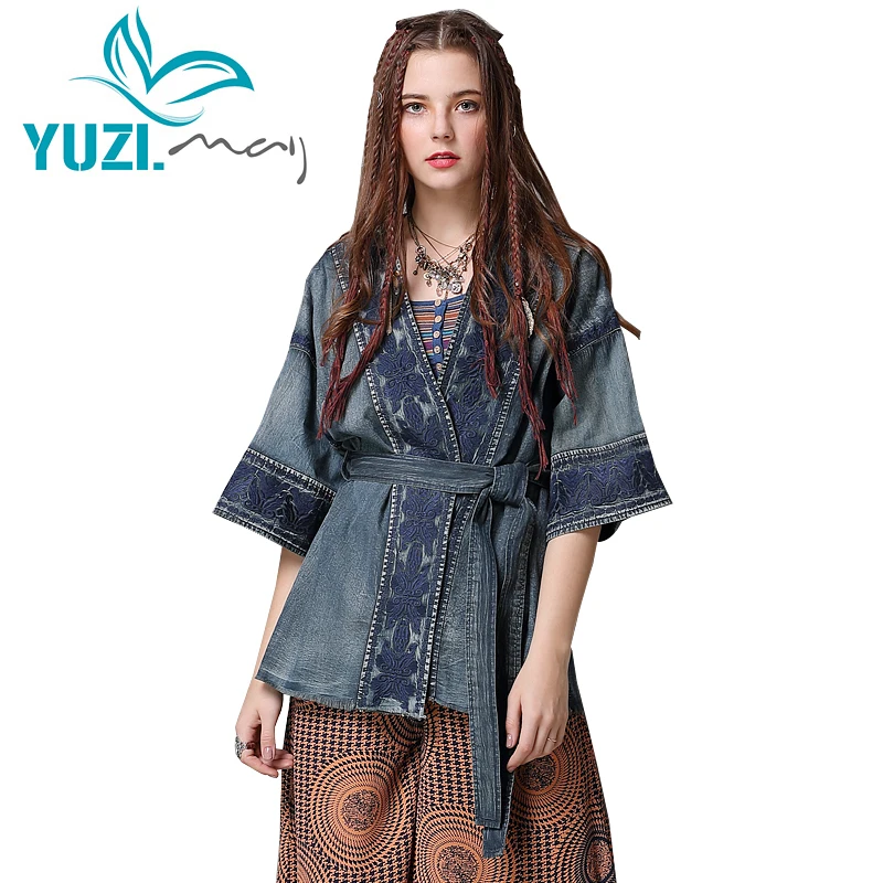 Женская джинсовая куртка Yuzi.may новинка 2018 пальто в стиле бохо с v образным вырезом