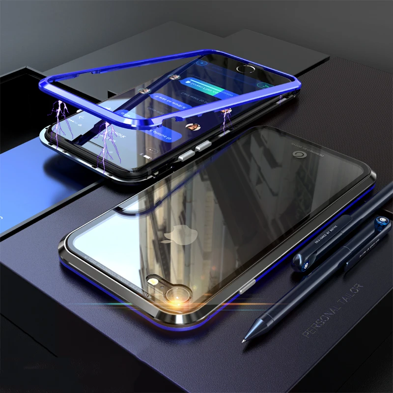 Magnetic Case For iPhone 8 7 Plus Luxury Aluminum Metal Bumper &amp Back Side Tempered Glass Cover 6 6s |