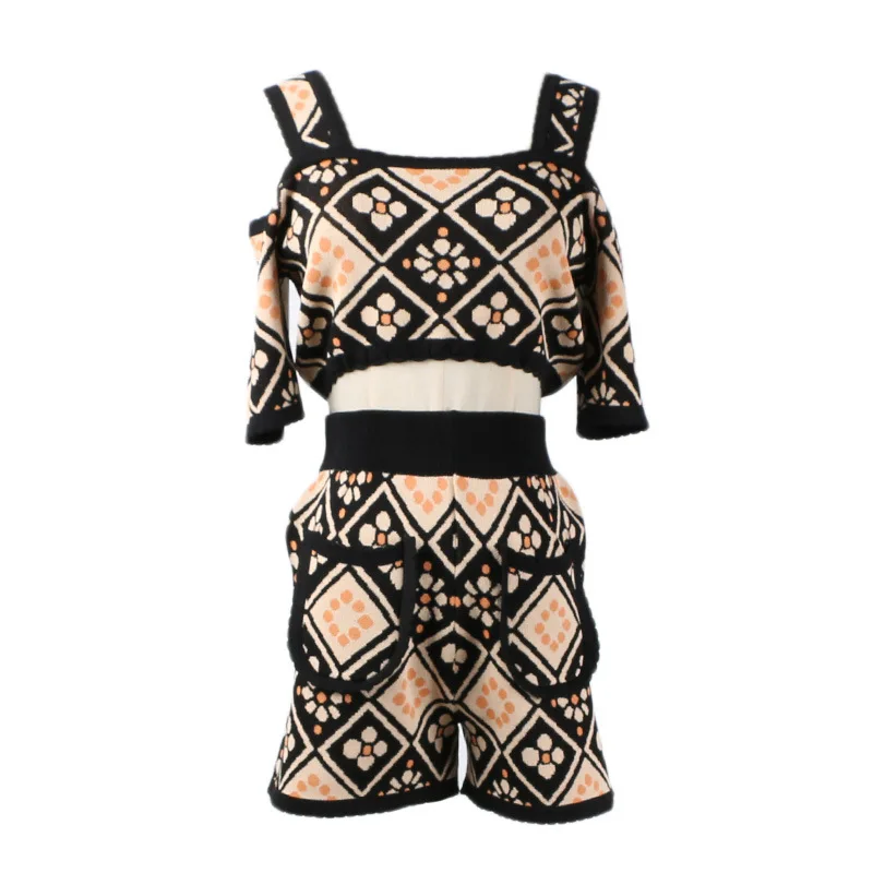 Вязать 2 шт. шорты для женщин комплект лето 2019 г. клетка жаккард пикантные с