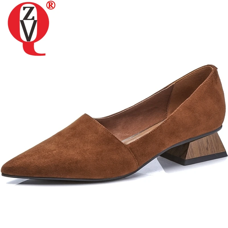 ZVQ women pointed toe fashion heels square thick low heel ladies kid suede upper woman spring shoes office ladies working heels
