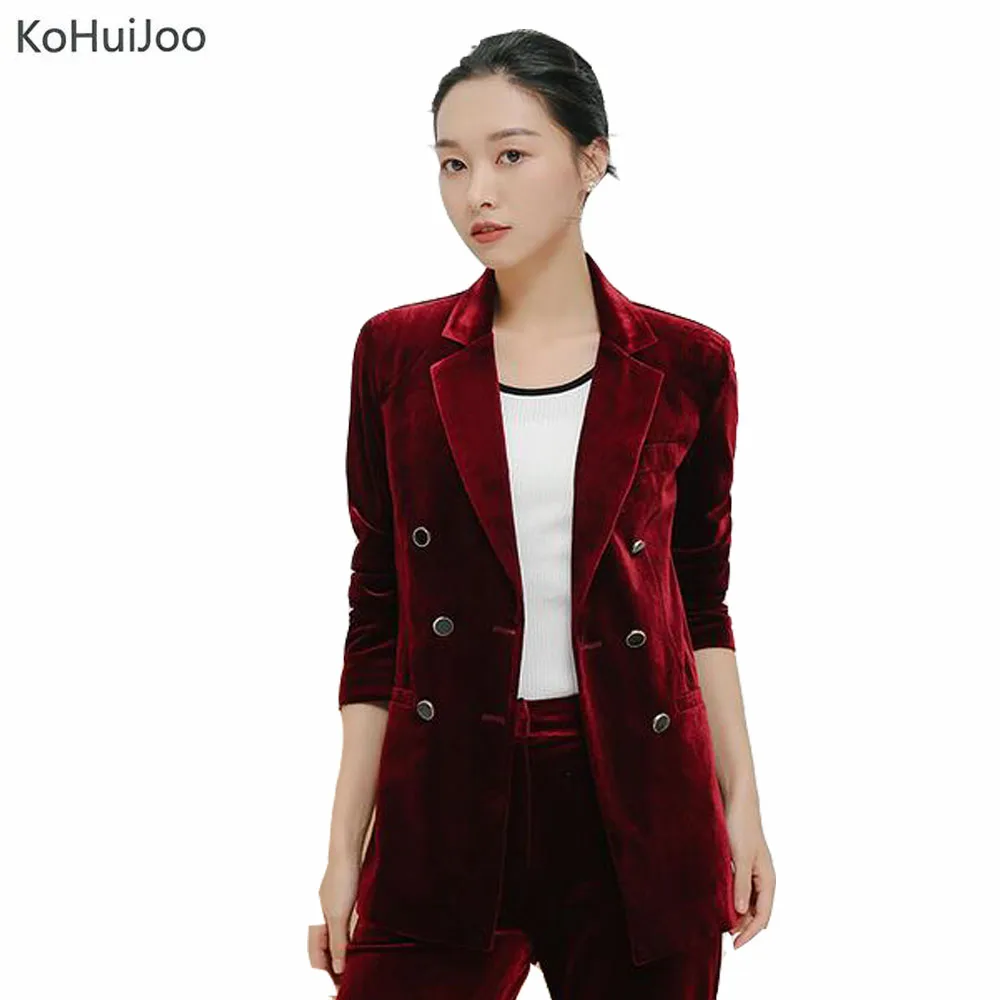 KoHuiJoo Spring Autumn Korean Women Velvet Blazer Black Blue Green Wine red Plus Size Ladies Office Blazers Double Breased 3XL