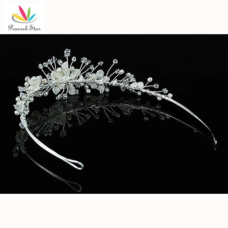 Peacock Star Bridesmaid Bridal Wedding Party Quality Handmade Ivory Ceramic Simulated Pearl Flower Crystal Tiara CT1426 | Украшения и