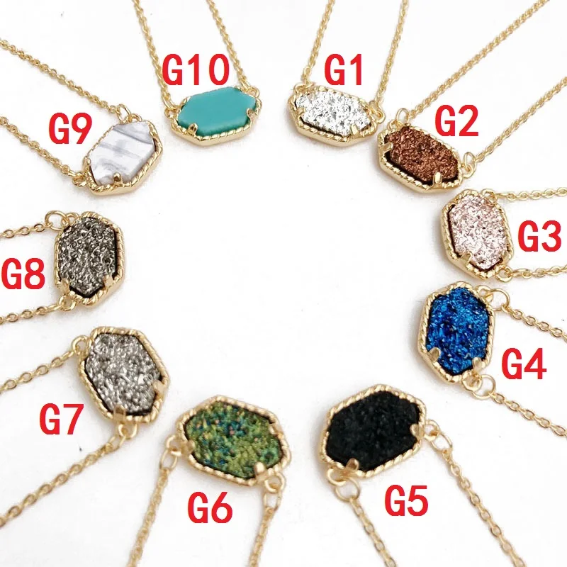 10 цветов Drusy Druzy Овальные ожерелья с шестигранной подвеской Золотая цветная
