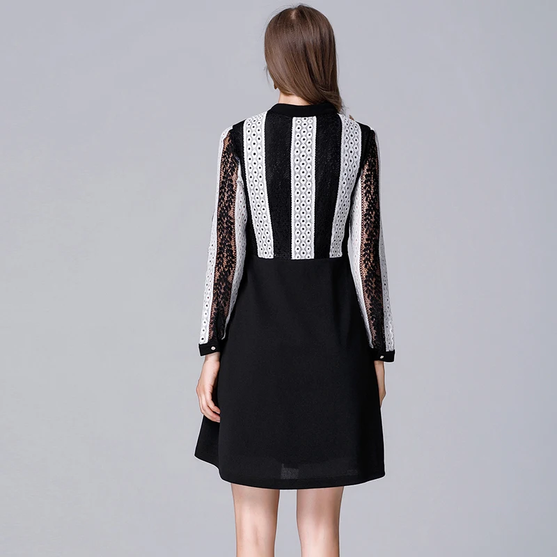 Женское платье мини с бантом черное или белое в полоску кружевным верхом и