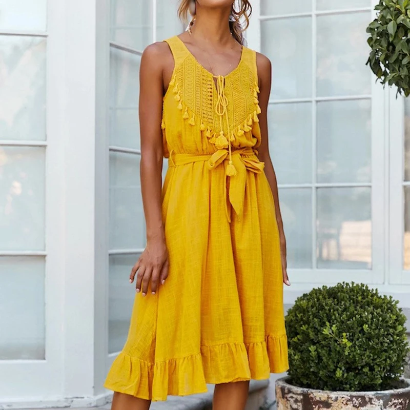 Женское Коктейльное Летнее платье без рукавов A Line удобное пляжное со шнуровкой