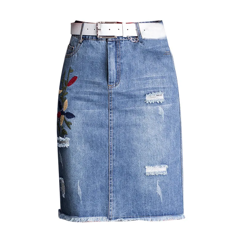 1252 Shredded Women denim skirt female 2019 spring and summer new embroidered skirts Slim bag hip BLUE M-4XL | Женская одежда