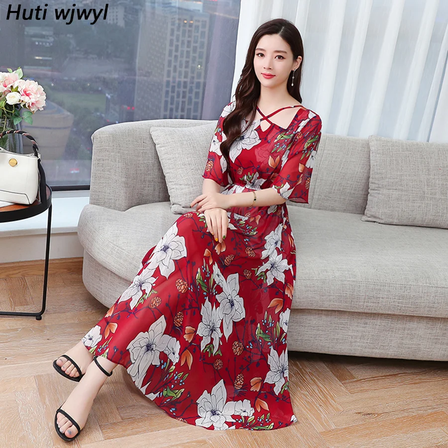 2020 Цветочные шифоновые Бохо миди платья летние винтажные размера плюс пляжный