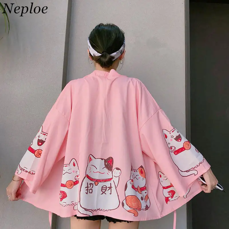 Neploe 2020 японский кимоно с принтом кота Харадзюку свободное розовые блузки feminino