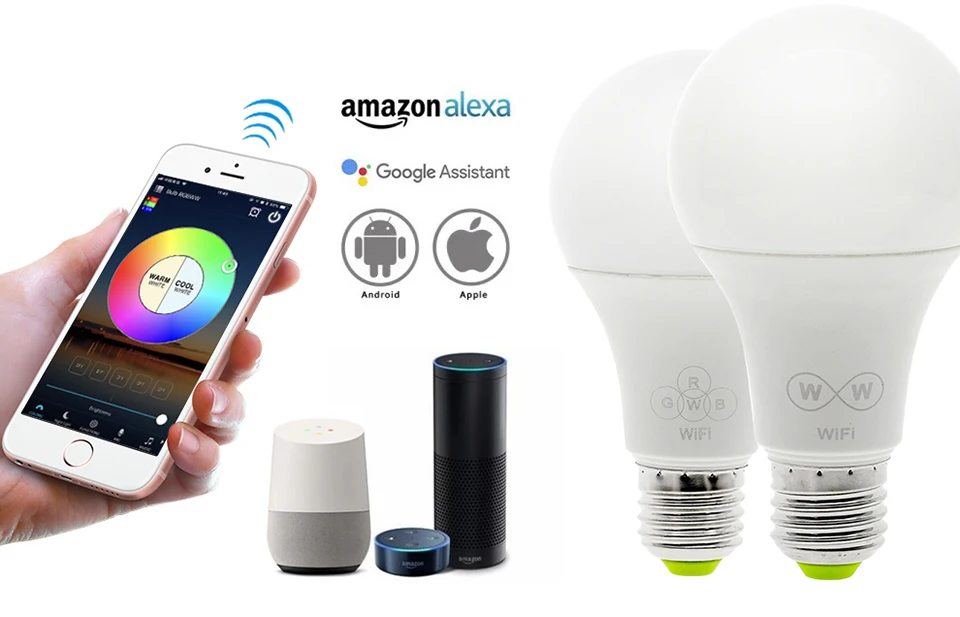 Светодиодный смарт-лампочка с Wi-Fi для работы с Amazon Alexa и Google Home E27 с регулируемой яркостью RGBW/двойной белый переменный ток 110 в 220 В 6,5 Вт светодиодный ламповый светильник