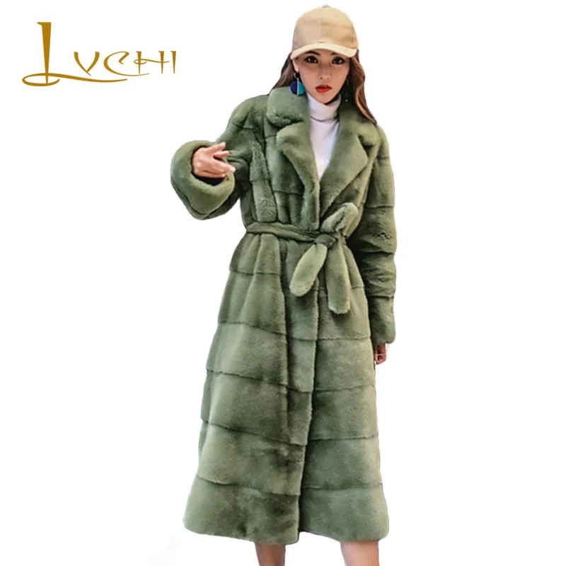 LVCHI Winter Female Sashes Long Coats Import Real mink jacket High-grade velvet Natural fur mink Women's clothing Suit collar