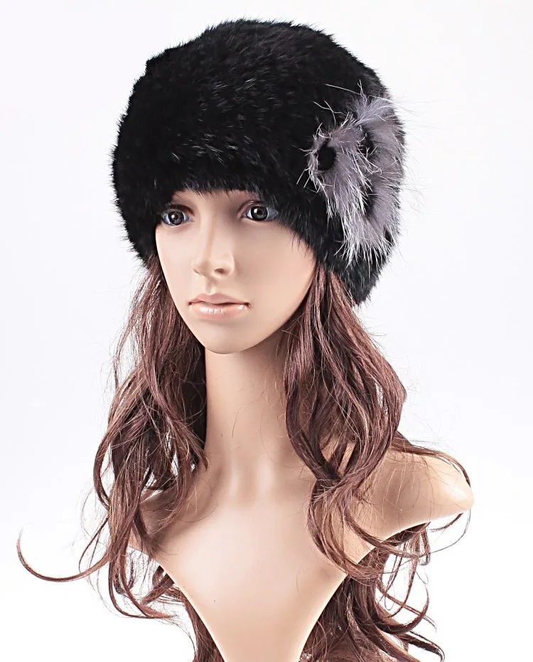 mink fur cap for women Thickening knitted warm fashion beanies with floral Female autumn winter real mink fur hat H905