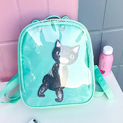 green Lovely Cat Ear Leather Backpacks Candy Color Transparent Bag Teenage Girls Travel Bakpack Children Shoulder Bags School Itabag - Цвет: green
