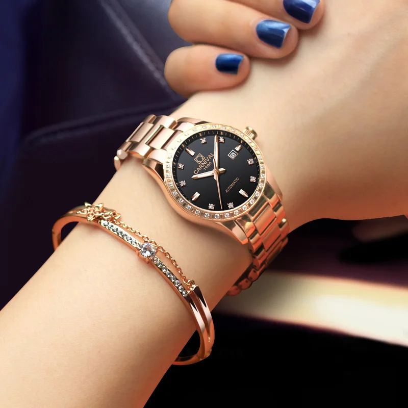 Rose gold Black Модные автоматические часы с сапфировым карнавалом, часы из розового золота, женские водонепроницаемые светящиеся часы с календарем, полностью стальные часы Kol saati - Цвет: Rose gold Black