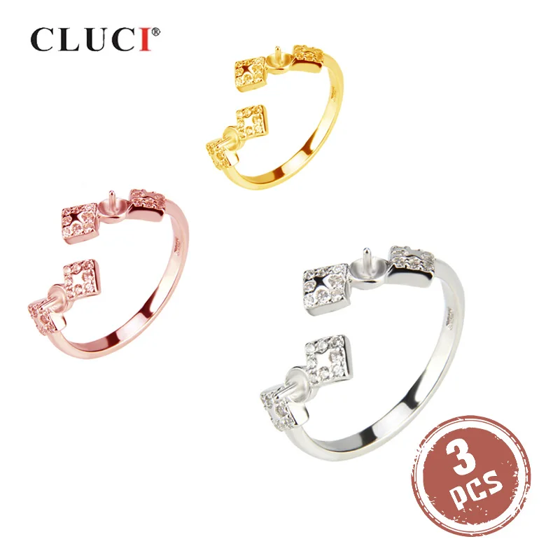 

CLUCI 3pcs Symmetric 925 Sterling Silver Rose Gold Women Ring Jewelry Adjustable Zircon Wedding Pearl Ring Mounting SR2064SB