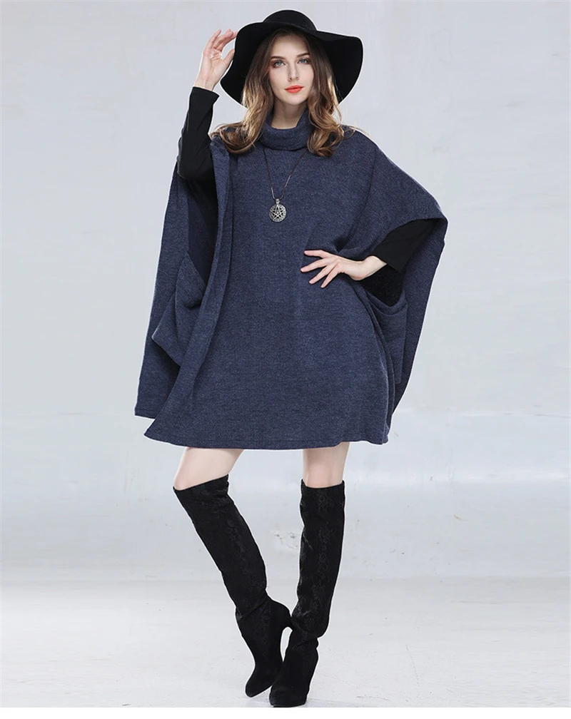

IANLAN Fashion Big Girls Poncho Shawl Batwing Sleeve Solid Loose Cloak Outerwear Big Women All-match Turtleneck Pullover IL00073