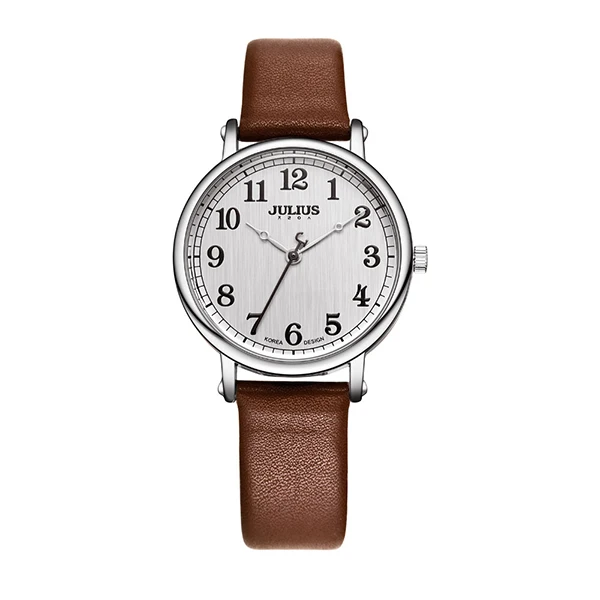 Brown watch JULIUS бренд большой циферблат для женщин часы кварцевые кожа дамы браслет часы простые арабские цифры Модные женские наручные часы - Цвет: Brown watch