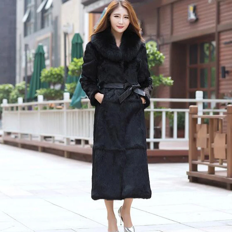 Женское длинное пальто из кроличьего меха с большим воротником лисьего TSR85 |