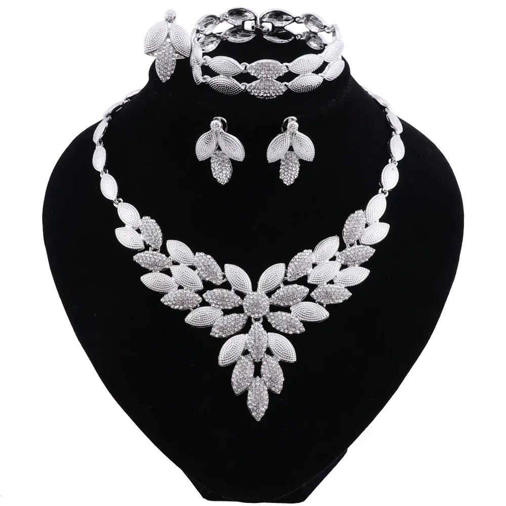 Дубай Свадебный Кристалл Ювелирные наборы для женщин листья золотое ожерелье
