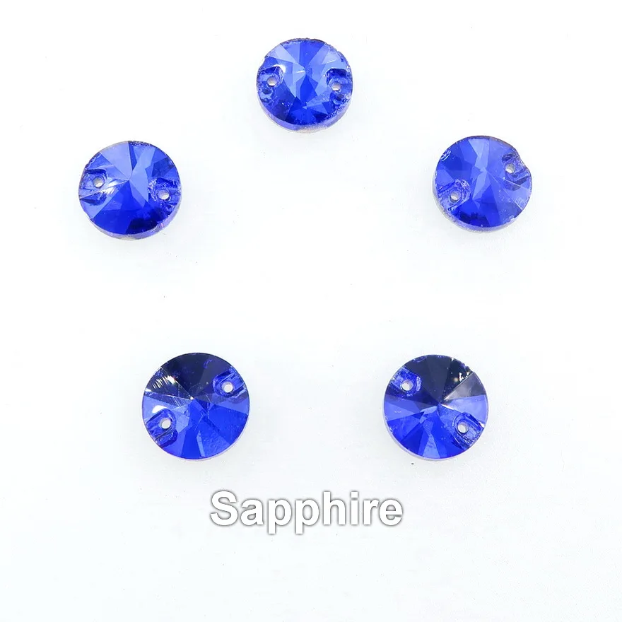 A8 Sapphire Круглые Rivoli формы плоские стеклянные кристаллы с 2 отверстиями 6 размеров пришитые Стразы бусины кристаллы для свадебного платья обувь сумки diy - Цвет: A8 Sapphire