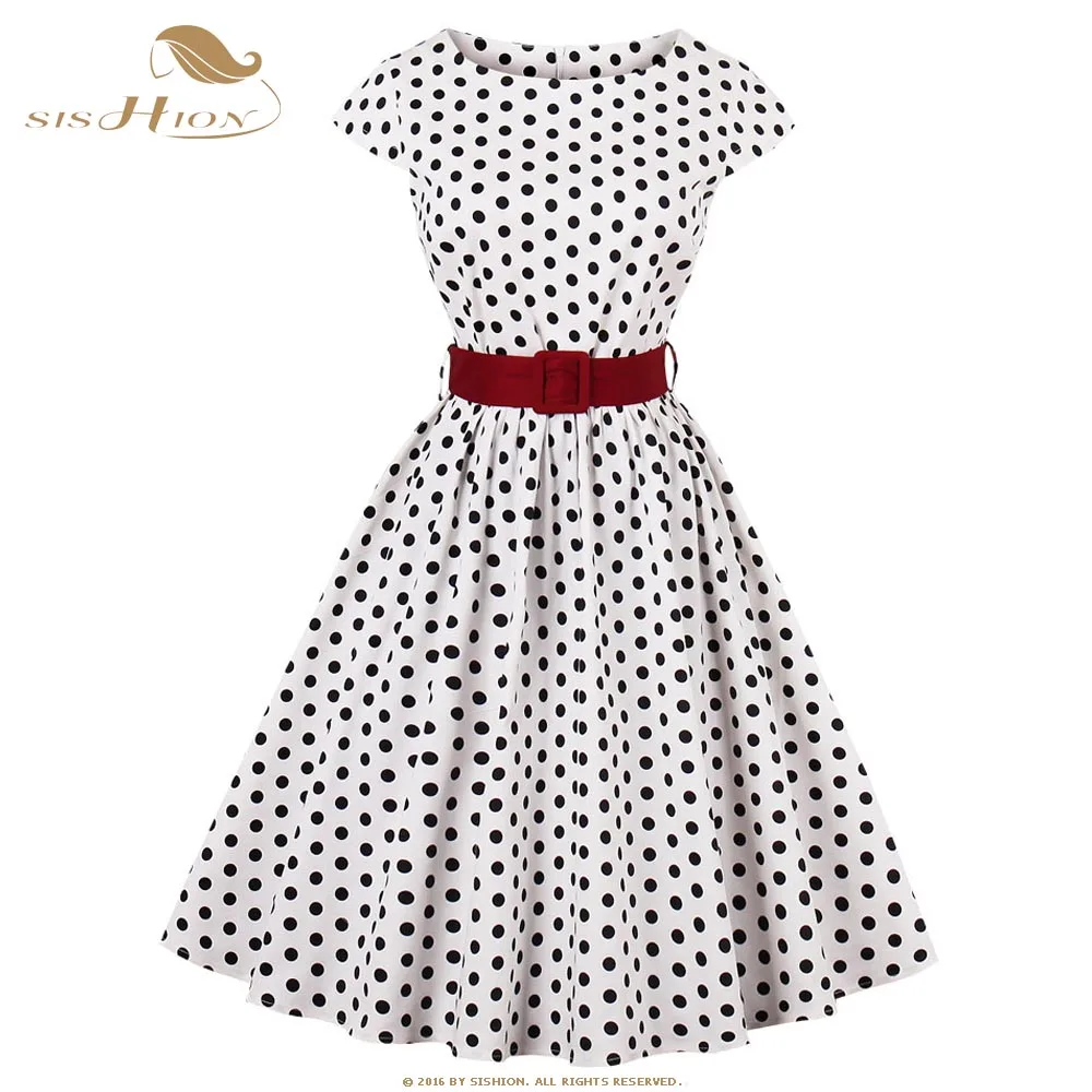 

Polka Dot Dress SISHION Cap Sleeve White Black Dot Women Dresses 50s 60s Big Swing Retro Vintage Summer Dress VD0677
