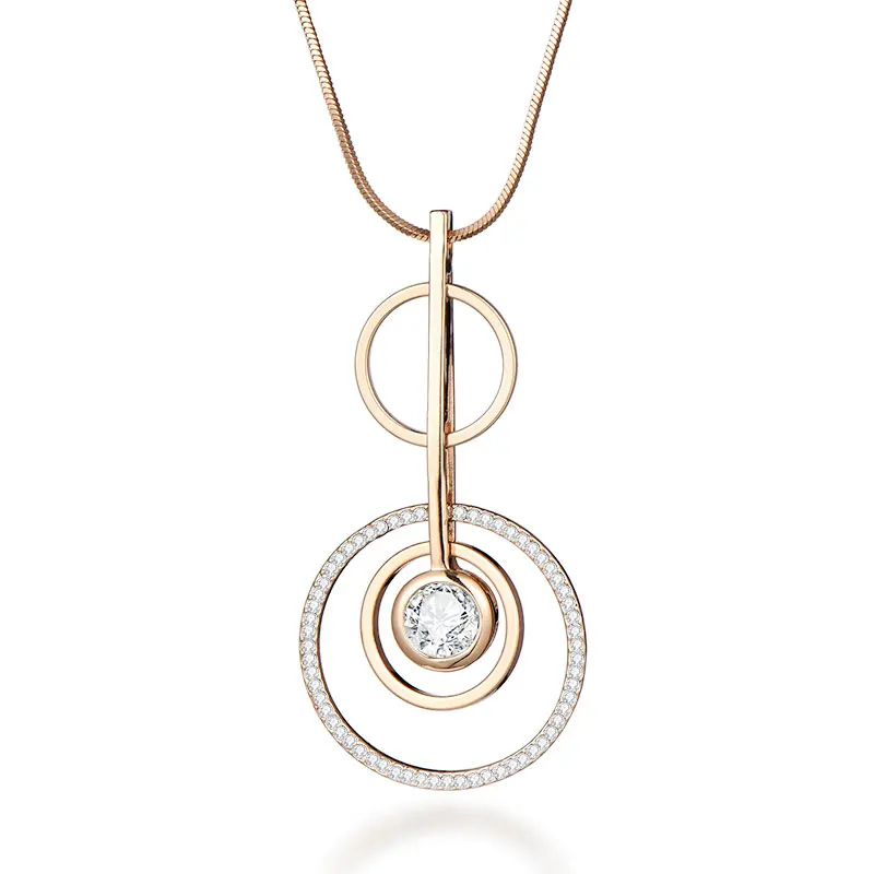 Длинное женское ожерелье большие геометрические кулоны с кристаллами из