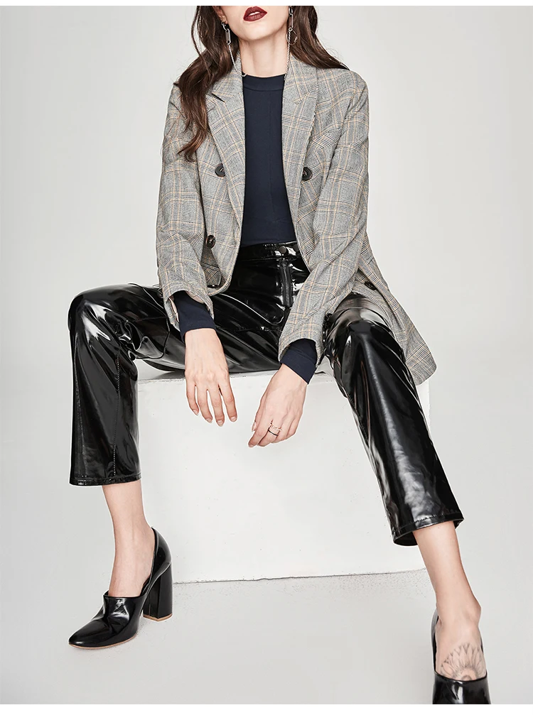 

High quality 2018 fashion new slim temperament ladies long sleeves British style plaid printing double row button women