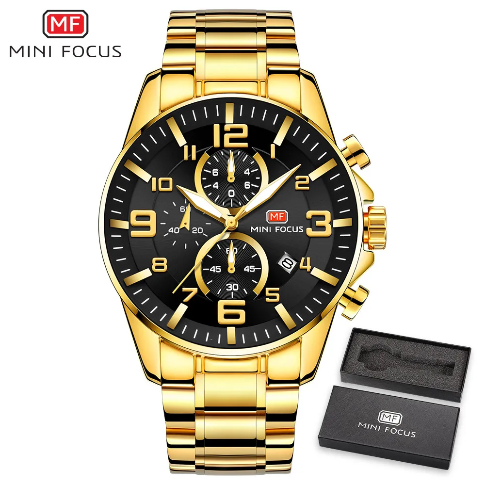 Мини фокус Relogio Masculino роскошные Montre из нержавеющей стали спортивные золотые часы