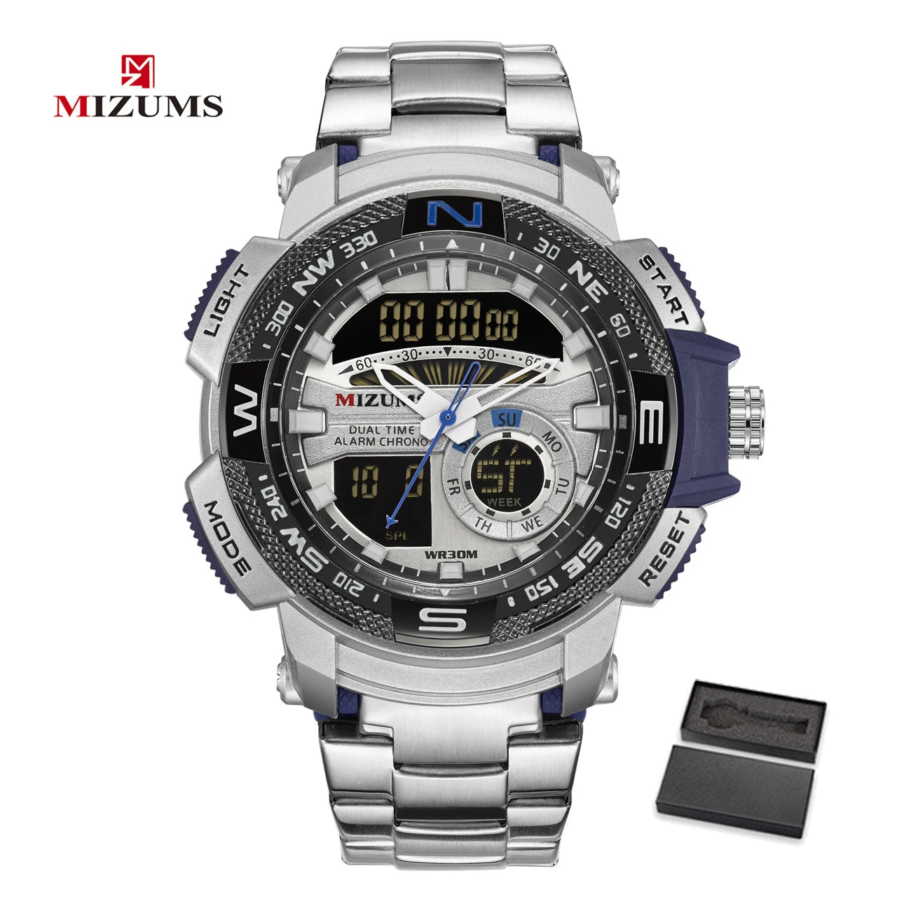 MIZUMS SIL BLUE BOX Мужские часы Relogio Masculino, кварцевые аналоговые цифровые часы с двойным дисплеем, роскошные золотые спортивные наручные часы, водонепроницаемые часы - Цвет: MIZUMS SIL BLUE BOX