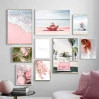 Розовый морской пляж автобус девушка пальмовое дерево пейзаж настенная живопись холст скандинавские постеры и принты настенные картинки для декора гостиной
