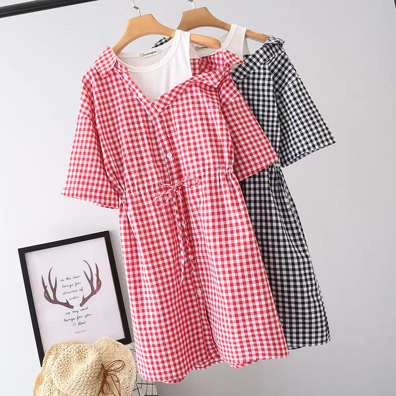 XL-3XL--dress Retro literary off-the-shoulder plaid fake two pieces mori girl dress | Женская одежда