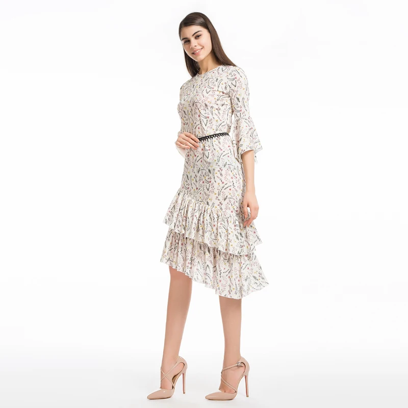 LERFEY Женщины Элегантный Boho Цветочный Печати Пляж Лето Dress Оборками Повседневная